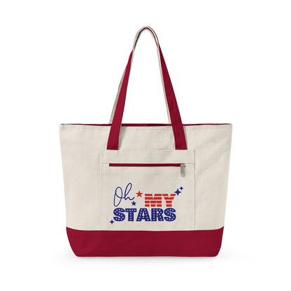 Oh My Stars Canvas Tote Bag – Zippered Patriotic Market Tote for Fourth of July