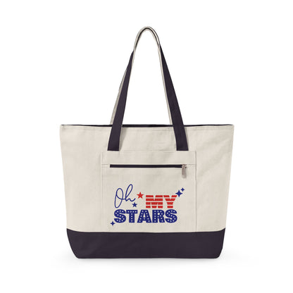 Oh My Stars Canvas Tote Bag – Zippered Patriotic Market Tote for Fourth of July