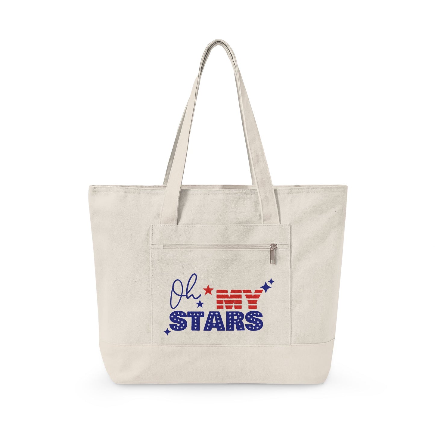 Oh My Stars Canvas Tote Bag – Zippered Patriotic Market Tote for Fourth of July