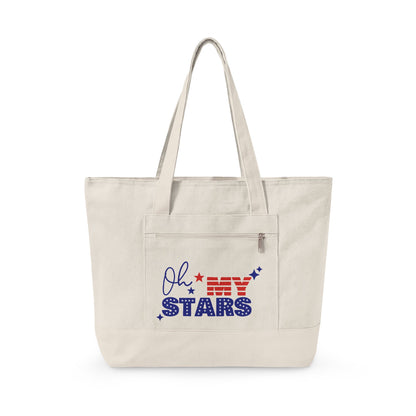 Oh My Stars Canvas Tote Bag – Zippered Patriotic Market Tote for Fourth of July