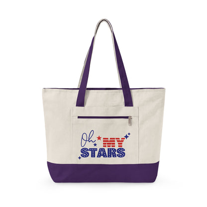 Oh My Stars Canvas Tote Bag – Zippered Patriotic Market Tote for Fourth of July