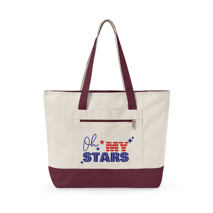 Oh My Stars Canvas Tote Bag – Zippered Patriotic Market Tote for Fourth of July