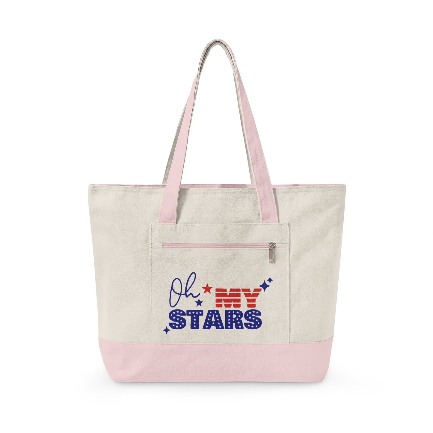 Oh My Stars Canvas Tote Bag – Zippered Patriotic Market Tote for Fourth of July