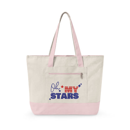 Oh My Stars Canvas Tote Bag – Zippered Patriotic Market Tote for Fourth of July