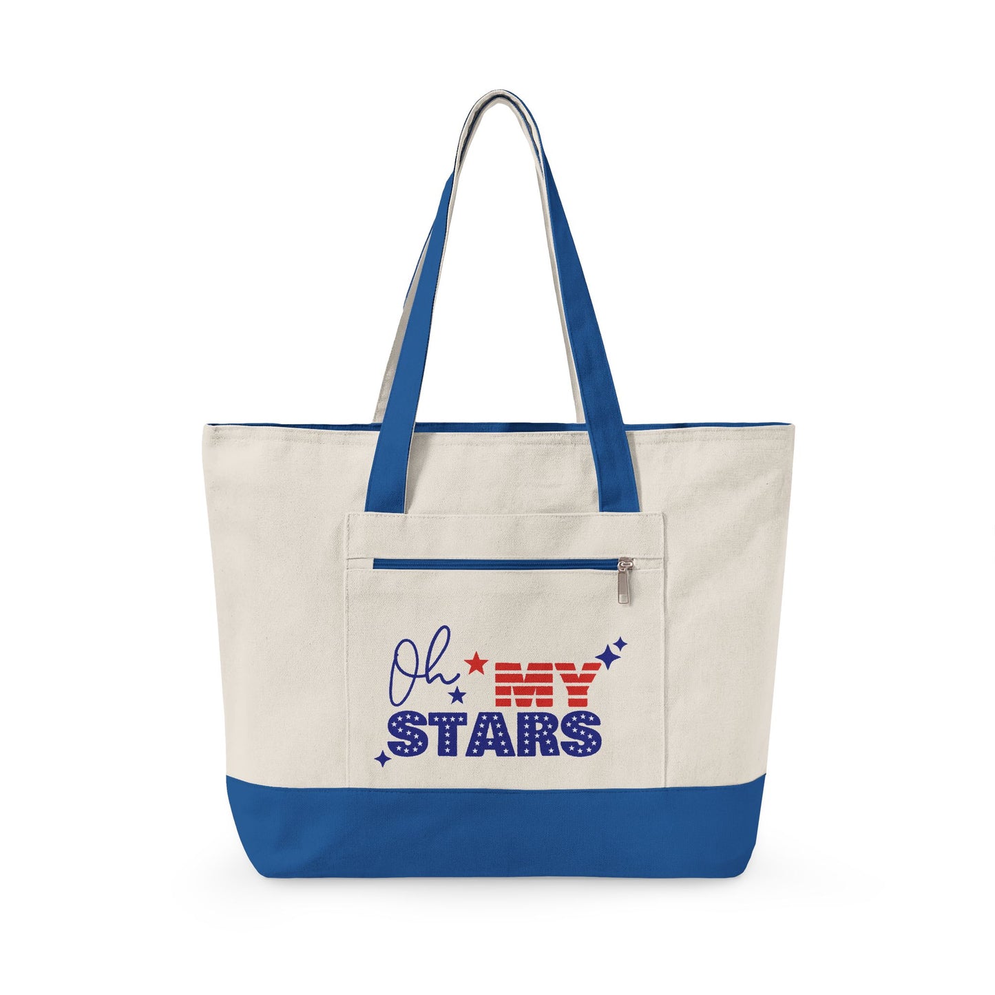 Oh My Stars Canvas Tote Bag – Zippered Patriotic Market Tote for Fourth of July