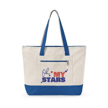 Oh My Stars Canvas Tote Bag – Zippered Patriotic Market Tote for Fourth of July